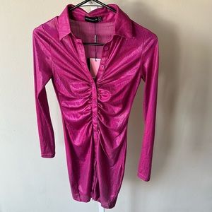 Metallic hot pink ruched button up dress ~ sexy winter new years